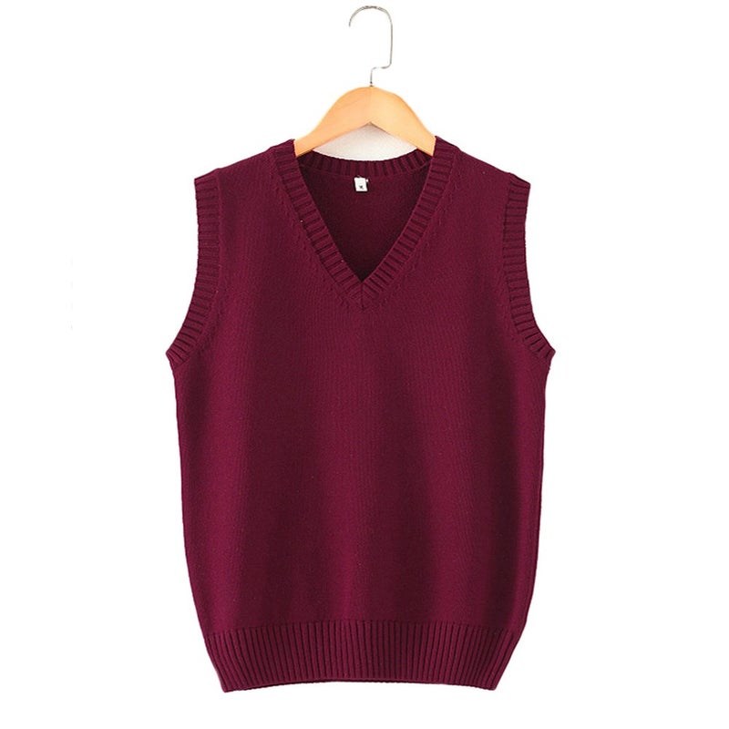 Betonsa Men Women Knitted Cotton V-Neck Vest JK Uniform Pullover Sleeveless Sweater School Cardigan Wine Red - Image 2